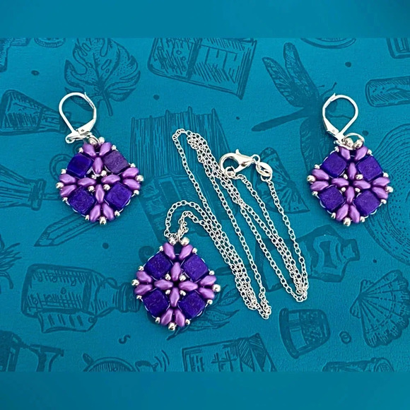 Handmade Purple Silver Czech Glass Bead Necklace & Earrings Set - Picture 1 of 4